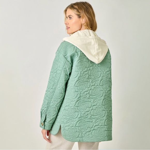 Twofer Seafoam Green Quilted Jacket Floral Stitch Cozy Layer - Picture 6 of 10